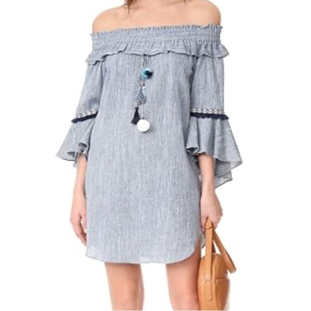 Boston Proper Off-Shoulder Mini Dress XXS Chambray Blue with Tassels